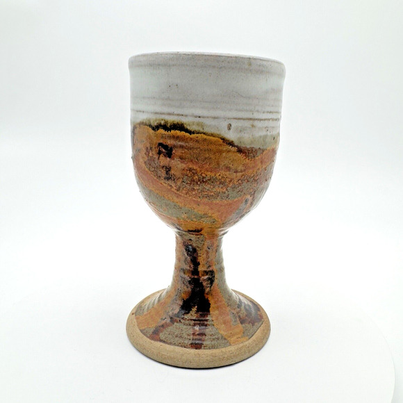 Studio Art Pottery Goblet Chalice Cup Textured Brown Gray Stoneware Signed #2 - Picture 2 of 10